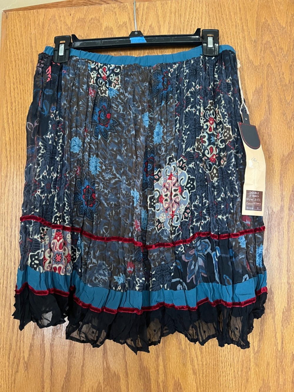 Double D Ranch Navy Floral Tiered Pleated Skirt with Teal and Red Accents